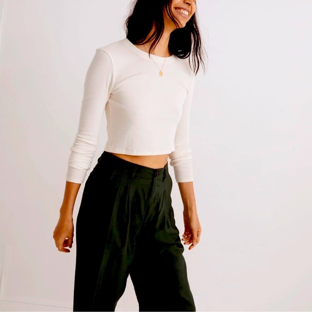Madewell Fine Ribbed Supercrop Crewneck Long-Sleeve Tee size Small antique cream